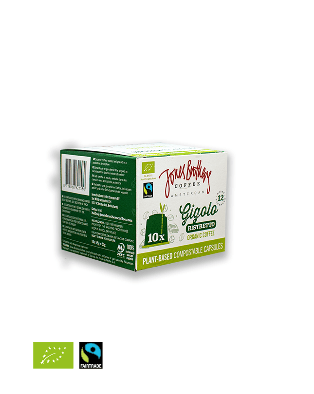 Jones Brothers Coffee | Gigolo Ristretto BIO - koffie capsules 10 stuks | Biologische koffie | composteerbare koffiecups | cupsenbeans.nl