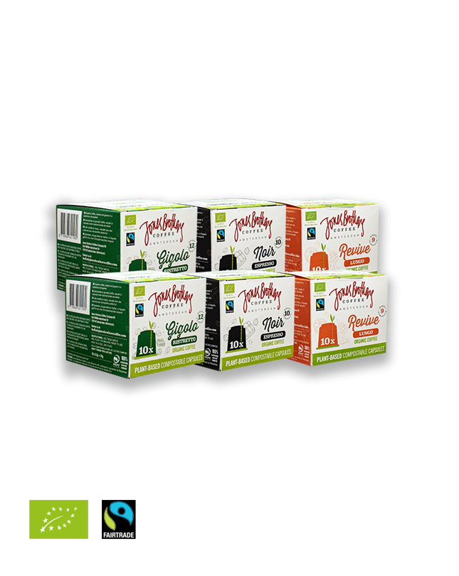 Jones Brothers Coffee – koffiecapsules proefpakket | 60 koffie cups nespresso compatible | composteerbare capsules | cupsenbeans.nl