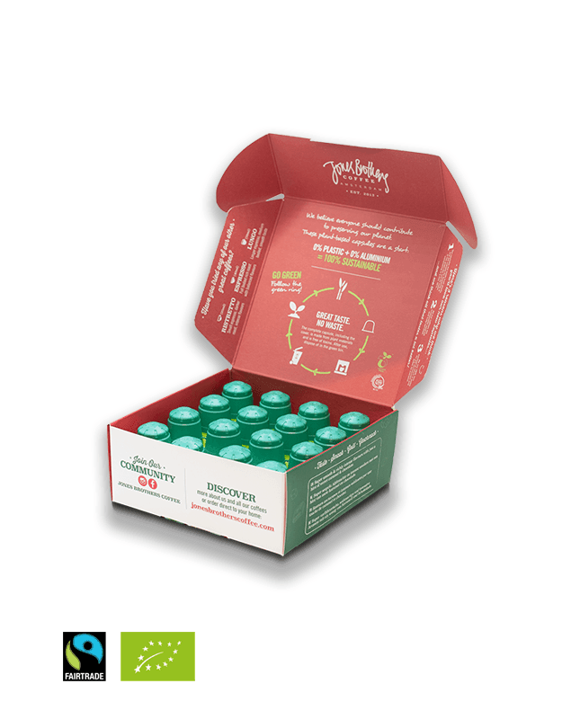 Jones Brothers Coffee | Gigolo Ristretto BIO - koffie capsules 50 stuks - open | Biologische koffie | composteerbare koffiecups | cupsenbeans.nl