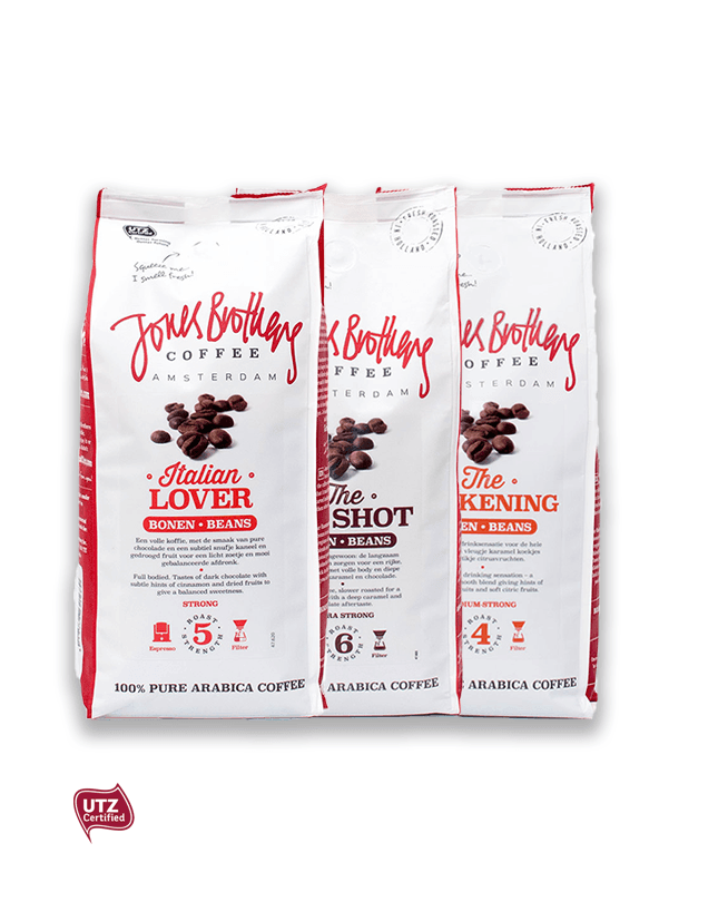 Jones Brothers Coffee – koffiebonen proefpakket 1,5 kg | koffie pakket | Italian Lover | The Big Shot | The Awakening | UTZ Koffie | cupsenbeans.nl